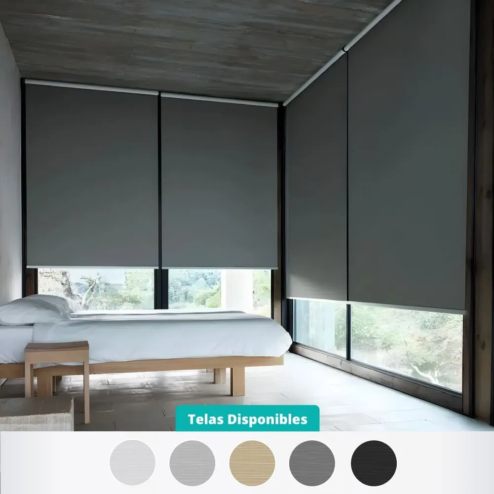 Cortina roller blackout gris en dormitorio - J&N Aluminio Neuquén