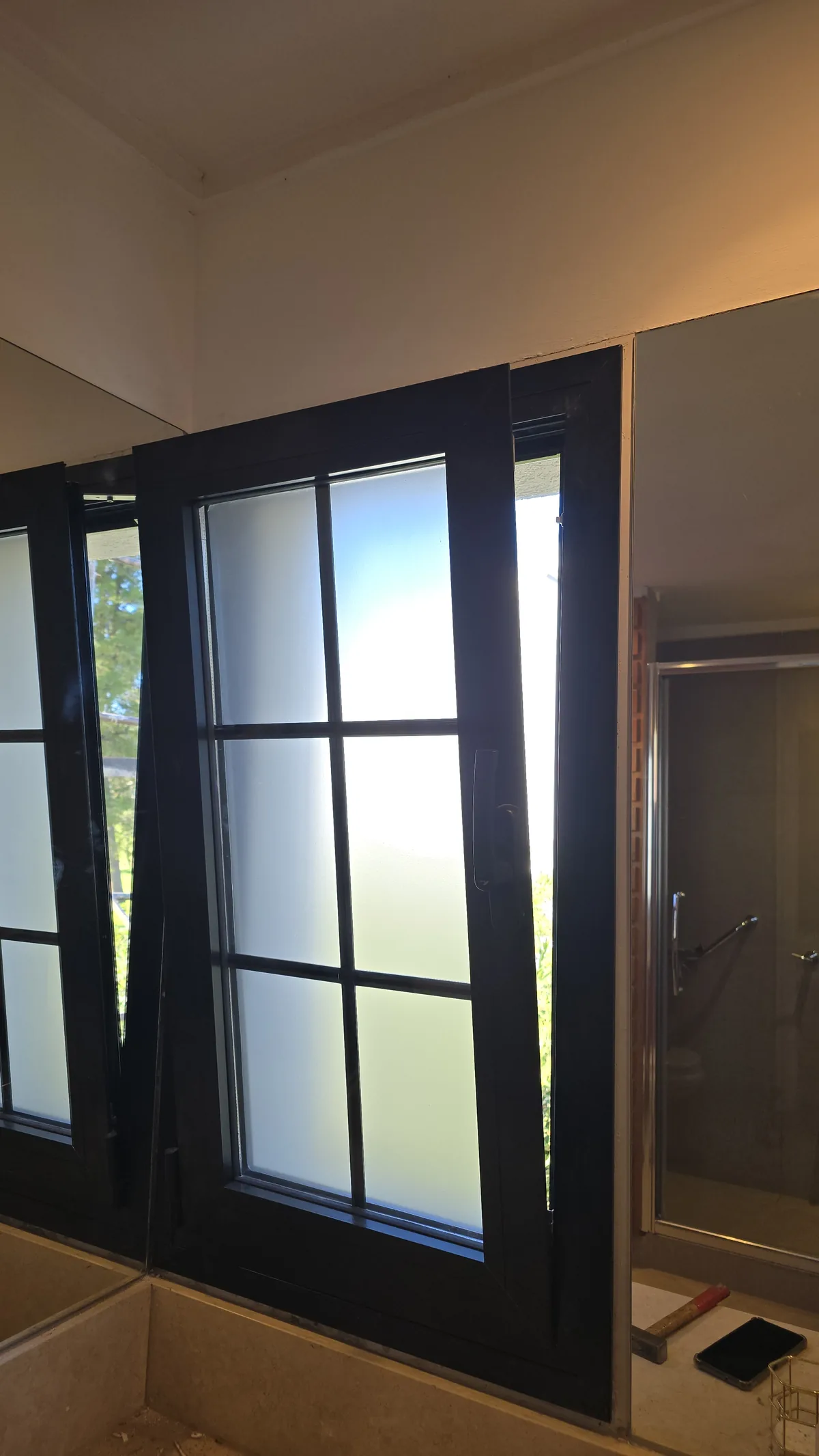 Puerta de aluminio negro línea Premium que abre al jardín, con DVH y barrotillos internos que simulan vidrio repartido - obra de J&N Aluminio en Neuquén