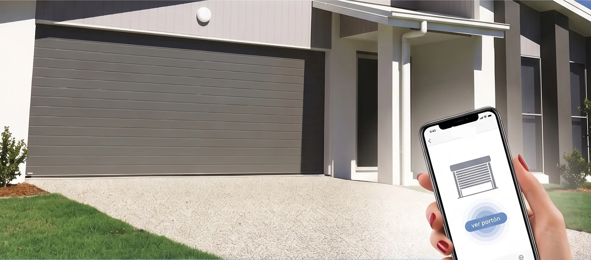 Portón automático enrollable Modelo 125 que se abre desde el celular: casa moderna con portón gris y una mano con el teléfono