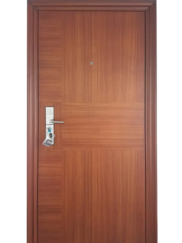 Puerta de seguridad roble diseño moderno con cierre multianclaje — modelo que fabrica J&N Aluminio en Neuquén