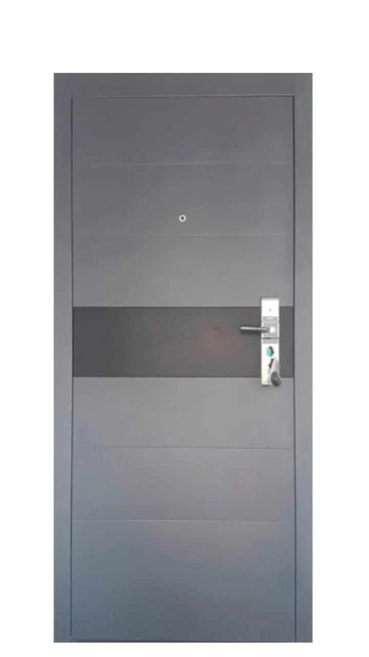 Puerta de seguridad multianclaje gris con apliques de acero inoxidable - J&N Aluminio Neuquén